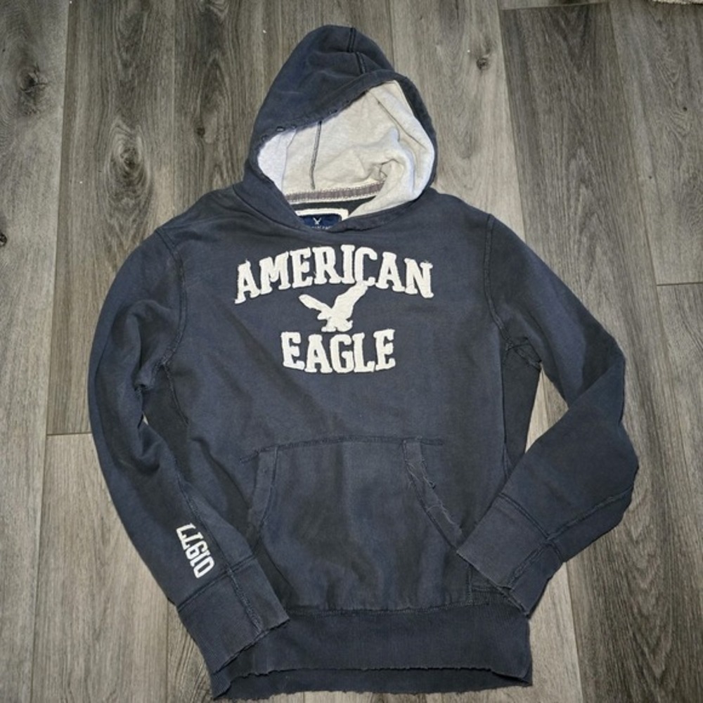 VTG American Eagle Outfitters‎ Men's  Blue Pullover Hoodie Size L Y2K Distressed